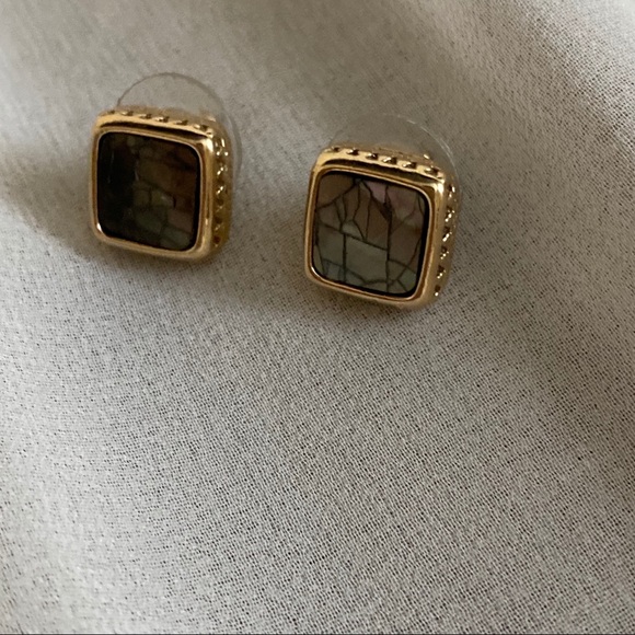 VTG Earth Tone Iridescent Crackle Square Earrings - Picture 5 of 6